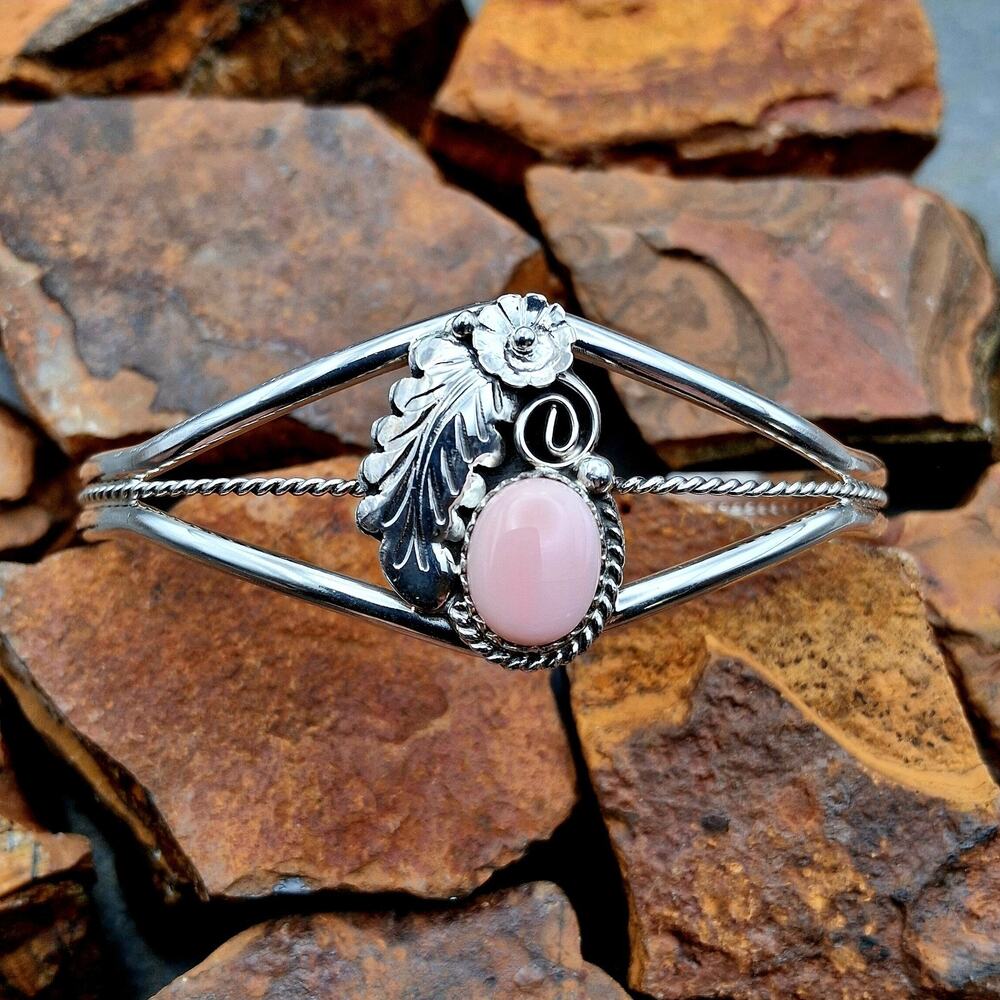 Pink Conch Shell Sterling Silver Cuff Bracelet Southwestern Navajo Style Floral